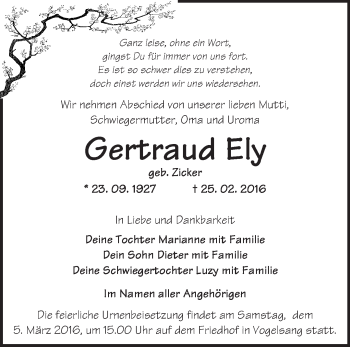 Traueranzeige von Gertraud Ely von Märkische Oderzeitung