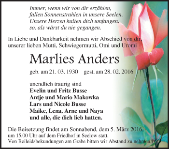 Traueranzeige von Marlies Anders von Märkische Oderzeitung