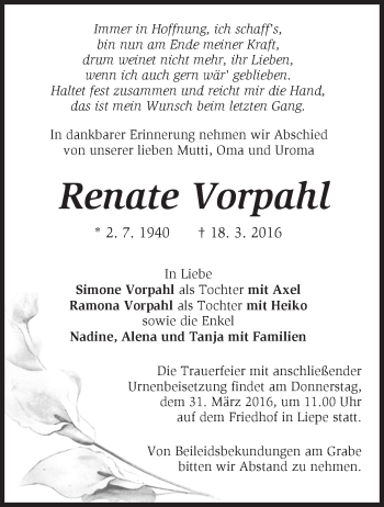 Traueranzeige von Renate Vorpahl von Märkische Oderzeitung