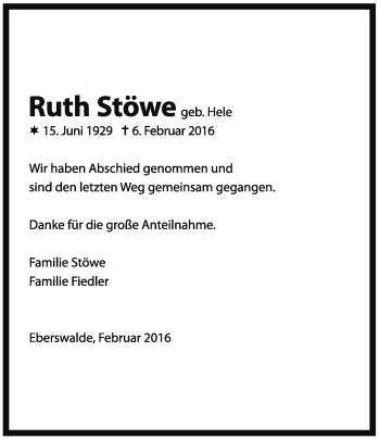 Traueranzeige von Ruth Stöwe von Märkische Oderzeitung