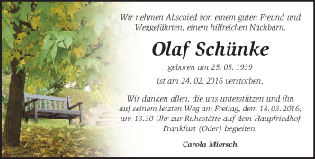 Traueranzeige von Olaf Schünke von Märkische Oderzeitung