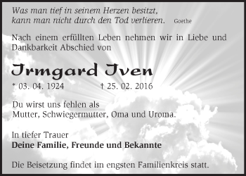 Traueranzeige von Irmgard Iven von Märkische Oderzeitung