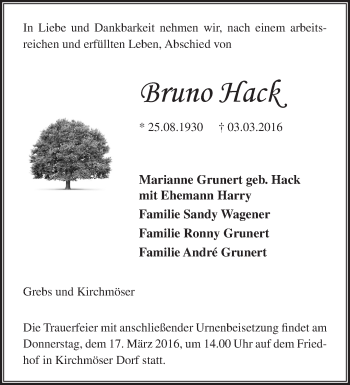 Traueranzeige von Bruno Hack von Märkische Oderzeitung