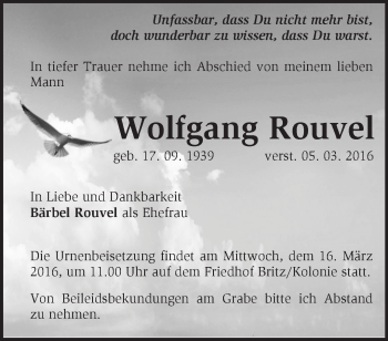 Traueranzeige von Wolfgang Rouvel von Märkische Oderzeitung