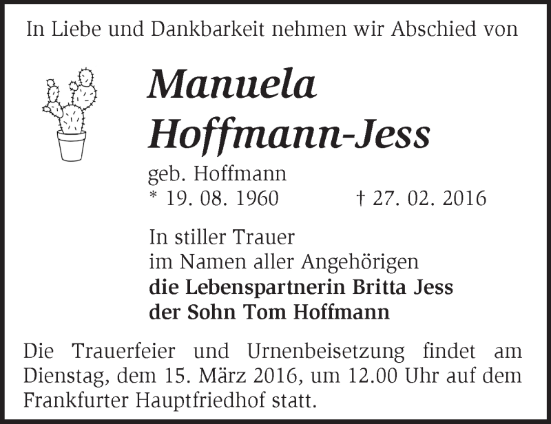  Traueranzeige für Manuela Hoffmann-Jess vom 05.03.2016 aus Märkische Oderzeitung