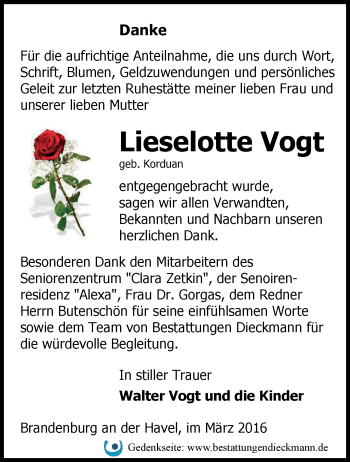 Traueranzeige von Lieselotte Vogt von Märkische Oderzeitung
