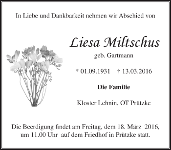 Traueranzeige von Liesa Miltschus von Märkische Oderzeitung