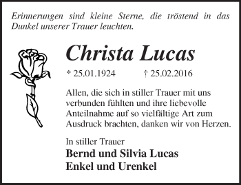 Traueranzeige von Christa Lucas von Märkische Oderzeitung