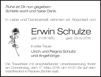 Traueranzeige von Erwin Schulze von Märkische Oderzeitung