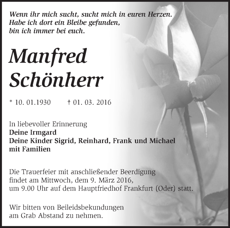  Traueranzeige für Manfred Schönherr vom 05.03.2016 aus Märkische Oderzeitung