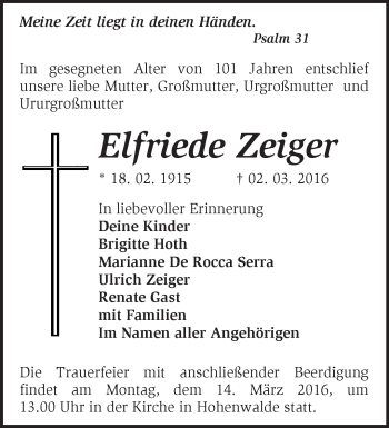 Traueranzeige von Elfriede Zeiger von Märkische Oderzeitung