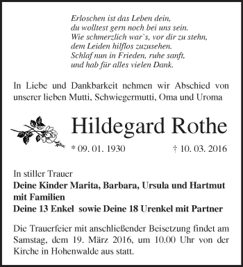 Traueranzeige von Hildegard Rothe von Märkische Oderzeitung