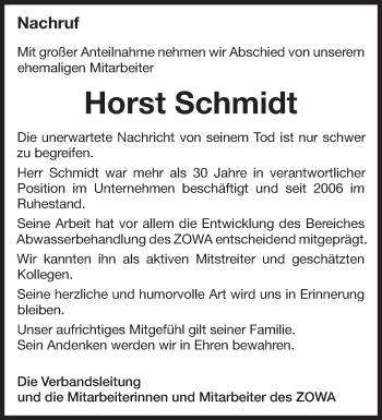 Traueranzeige von Horst Schmidt von Märkische Oderzeitung