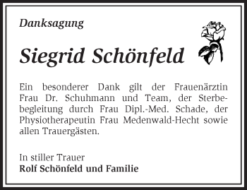 Traueranzeige von Siegrid Schönfeld von Märkische Oderzeitung