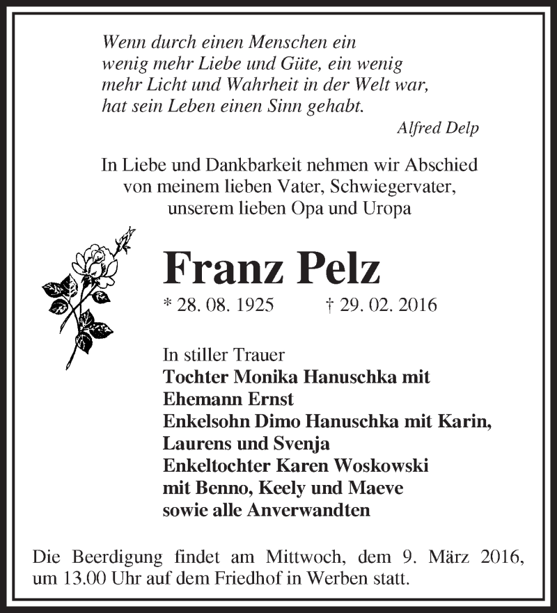  Traueranzeige für Franz Pelz vom 03.03.2016 aus Märkische Oderzeitung