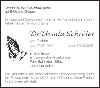 Traueranzeige von Ursula Schröter von Märkische Oderzeitung