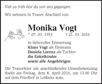 Traueranzeige von Monika Vogt von Märkische Oderzeitung