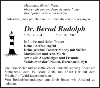 Traueranzeige von Bernd Rudolph von Märkische Oderzeitung