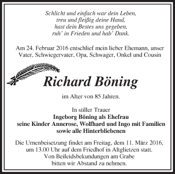 Traueranzeige von Richard Böning von Märkische Oderzeitung