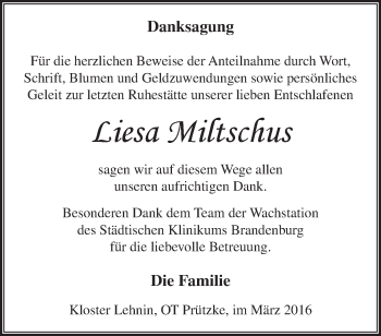 Traueranzeige von Liesa Miltschus von Märkische Oderzeitung