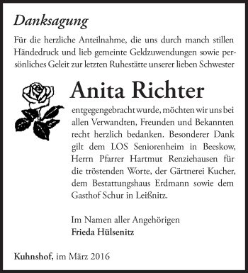 Traueranzeige von Anita Richter von Märkische Oderzeitung