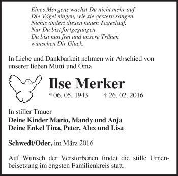 Traueranzeige von Ilse Merker von Märkische Oderzeitung