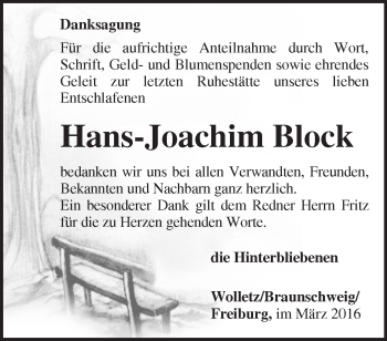 Traueranzeige von Hans-Joachim Block von Märkische Oderzeitung