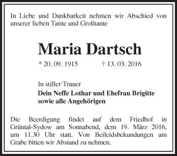 Traueranzeige von Maria Dartsch von Märkische Oderzeitung