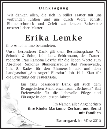 Traueranzeige von Erika Lemke von Märkische Oderzeitung