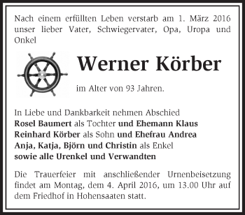 Traueranzeige von Werner Körber von Märkische Oderzeitung