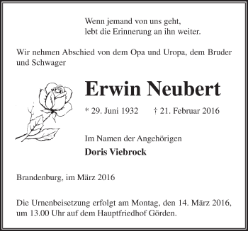 Traueranzeige von Erwin Neubert von Märkische Oderzeitung