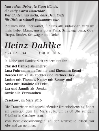 Traueranzeige von Heinz Dahlke von Märkische Oderzeitung