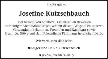 Traueranzeige von Josefine Kutzschbauch von Märkische Oderzeitung