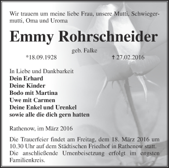 Traueranzeige von Emmy Rohrschneider von Märkische Oderzeitung