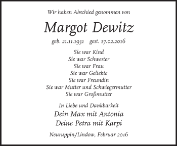 Traueranzeige von Margot Dewitz von Märkische Oderzeitung