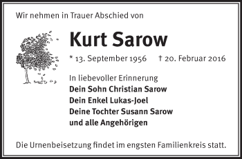 Traueranzeige von Kurt Sarow von Märkische Oderzeitung
