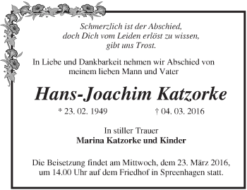 Traueranzeige von Hans-Joachim Katzorke von Märkische Oderzeitung