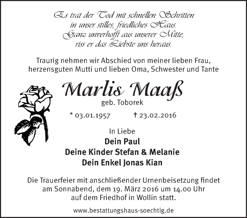  Traueranzeige für Marlis Maaß vom 06.03.2016 aus Märkische Oderzeitung