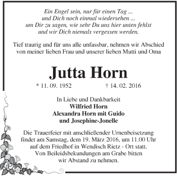 Traueranzeige von Jutta Horn von Märkische Oderzeitung