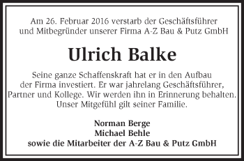Traueranzeige von Ulrich Balke von Märkische Oderzeitung