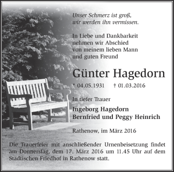 Traueranzeige von Günter Hagedorn von Märkische Oderzeitung