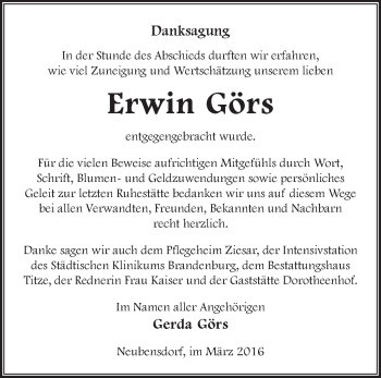 Traueranzeige von Erwin Görs von Märkische Oderzeitung