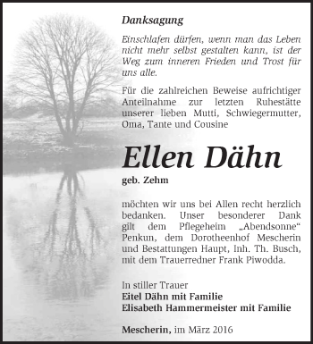 Traueranzeige von Ellen Dähn von Märkische Oderzeitung