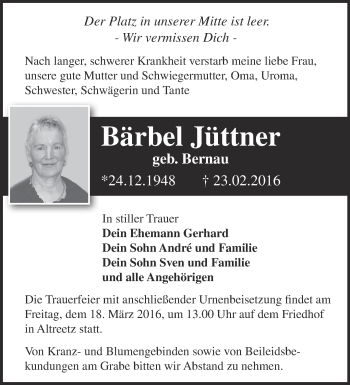 Traueranzeige von Bärbel Jüttner von Märkische Oderzeitung