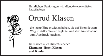 Traueranzeige von Ortrud Klasen von Märkische Oderzeitung