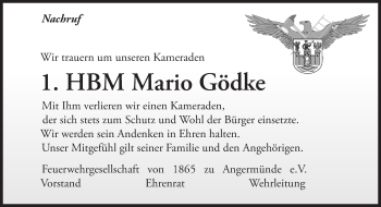 Traueranzeige von Mario Gödke von Märkische Oderzeitung