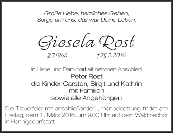Traueranzeige von Giesela Rost von Märkische Oderzeitung