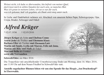 Traueranzeige von Alfred Krüger von Märkische Oderzeitung
