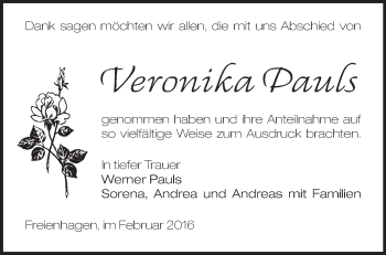 Traueranzeige von Veronika Pauls von Märkische Oderzeitung