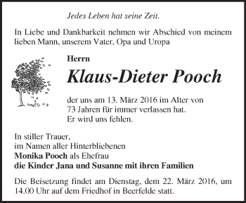 Traueranzeige von Klaus-Dieter Pooch von Märkische Oderzeitung